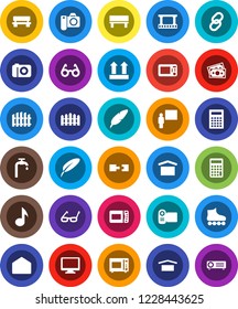 White Solid Icon Set- microwave oven vector, pen, blackboard, glasses, calculator, music, roller Skates, money, dry cargo, top sign, film frame, monitor, link, mail, bench, connection, water supply