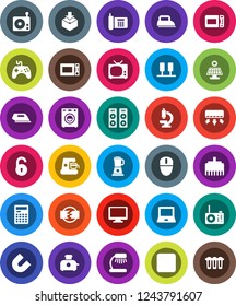 White Solid Icon Set- microwave oven vector, table lamp, calculator, notebook pc, magnet, phone, package, radio, gamepad, monitor, rec button, microscope, server, lan connector, unlock, solar panel