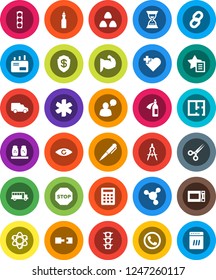 White Solid Icon Set- microwave oven vector, spices, cereal, oil, drawing compass, atom, pen, school bus, molecule, sand clock, muscule hand, heart cross, traffic light, car, speaking man, eye, stop