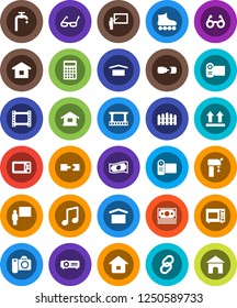 White Solid Icon Set- microwave oven vector, blackboard, glasses, music, cash, calculator, roller Skates, money, dry cargo, top sign, film frame, link, connection, water supply, fence, home, camera