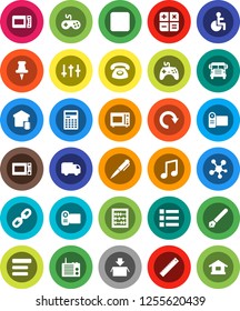 White Solid Icon Set- microwave oven vector, pen, ruler, calculator, school bus, abacus, music, gamepad, settings, social media, thumbtack, forward button, disabled, menu, redo, chain, smart home