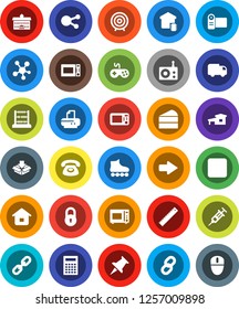 White Solid Icon Set- microwave oven vector, cake, university, ruler, calculator, abacus, target, roller Skates, radio, gamepad, social media, thumbtack, forward button, syringe, arrow, chain, lock