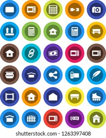 White Solid Icon Set- microwave oven vector, pen, calculator, cash, roller Skates, dry cargo, top sign, film frame, link, mail, share, bench, connection, fence, rooms signboard, home, camera, video