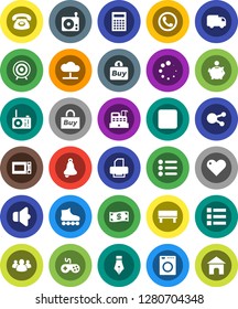 White Solid Icon Set- microwave oven vector, pen, bell, calculator, piggy bank, roller Skates, target, radio, speaker, gamepad, social media, group, heart, stop button, cloud network, bench, loading