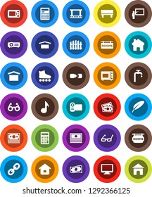 White Solid Icon Set- microwave oven vector, pen, blackboard, glasses, calculator, music, cash, roller Skates, money, dry cargo, film frame, monitor, link, home, bench, connection, water supply