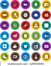White Solid Icon Set- microwave oven vector, bbq, graduate hat, dollar coin, manager, stack, calculator, jump rope, pills, money, cinema clap, camera, radio, play button, stop, hdmi, flask, chalet