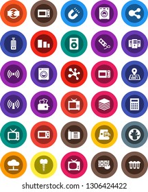 White Solid Icon Set- microwave oven vector, calculator, magnet, world, molecule, navigator, sorting, tv, remote control, speaker, tooth implant, cloud network, big data, server, firewall, share