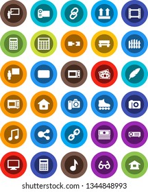 White Solid Icon Set- microwave oven vector, pen, blackboard, glasses, calculator, music, cash, roller Skates, money, top sign, film frame, monitor, link, mail, share, bench, connection, fence, home