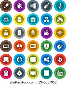 White Solid Icon Set- microwave oven vector, thermometer, atom, magnet, monitor dollar, earth, support, package, gamepad, notebook pc, stop button, rec, hdmi, jack, microscope, connection, hub, tv