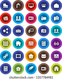 White Solid Icon Set- microwave oven vector, pen, blackboard, glasses, calculator, cash, roller Skates, money, dry cargo, top sign, film frame, monitor, link, mail, share, home, water supply, fence