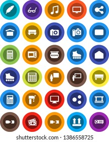 White Solid Icon Set- microwave oven vector, pen, blackboard, glasses, calculator, music, roller Skates, money, dry cargo, top sign, film frame, monitor, mail, share, bench, connection, water supply