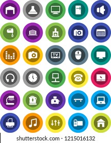 White Solid Icon Set- mixer vector, table lamp, notebook pc, music, clock, skateboard, calendar, camera, speaker, settings, equalizer, tv, headphones, network, barn, office building, fireplace, hood