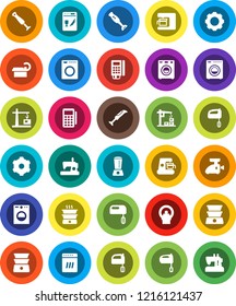 White Solid Icon Set- mixer vector, double boiler, blender, tomography, gear, washer, construction crane, card reader, dishwasher, coffee maker, meat grinder, sewing machine