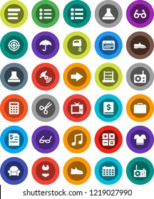 White Solid Icon Set- mixer vector, glasses, abacus, music, case, annual report, calendar, snickers, swimsuite, t shirt, target, umbrella, radio, satellitie, scissors, menu, arrow, tv, calculator