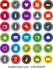 White Solid Icon Set- mixer vector, glasses, music, piggy bank, annual report, tie, calendar, snickers, shorts, swimsuite, t shirt, clock, satellitie, tv, scissors, menu, cushioned furniture, hood