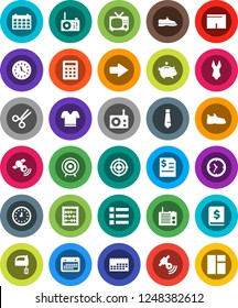 White Solid Icon Set- mixer vector, abacus, piggy bank, annual report, clock, tie, calendar, snickers, shorts, swimsuite, t shirt, target, radio, satellitie, scissors, arrow, calculator, menu, tv