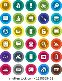 White Solid Icon Set- mixer vector, glasses, crisis, money bag, dollar flag, safe, oxygen, satellite, ship, gamepad, internet, battery, chromosomes, router, message, attention sign, mountain, unlock