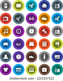 White Solid Icon Set- mixer vector, glasses, scissors, abacus, music, case, clock, tie, calendar, snickers, shorts, t shirt, radio, satellitie, cushioned furniture, tv, calculator, hood, computer