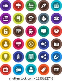 White Solid Icon Set- mixer vector, table lamp, magnet, support, package, video camera, remote control, classic phone, social media, hdmi, network server, cloud glass, equalizer, lan connector, tv