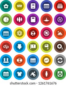 White Solid Icon Set- mixer vector, copybook, atom, exchange, pie graph, man, arrow down, calendar, stadium, no fastfood, oxygen, attention, satellite, top sign, gender, connect, disconnection, sale