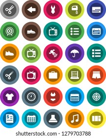 White Solid Icon Set- mixer vector, abacus, music, case, annual report, clock, calendar, snickers, shorts, swimsuite, t shirt, target, umbrella, satellitie, tv, scissors, arrow, menu, hood, window