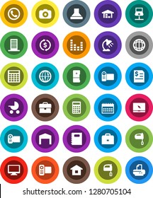 White Solid Icon Set- mixer vector, copybook, case, table lamp, world, exchange, annual report, calculator, calendar, camera, equalizer, video, internet, monitor, notebook pc, network, barn, phone