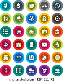 White Solid Icon Set- mixer vector, plates, sieve, university, annual report, clock, dollar sign, bike, horizontal bar, roller Skates, route, traffic light, cargo, camera, gamepad, notebook pc, menu