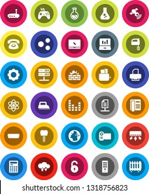 White Solid Icon Set- mixer vector, toaster, atom, calculator, flask, laptop graph, earth, satellitie, gamepad, equalizer, notebook pc, hdmi, tooth implant, network server, cloud exchange, gear
