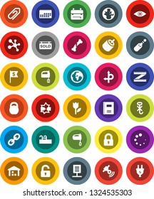 White Solid Icon Set- mixer vector, copybook, backpack, world, dollar flag, measuring, weight, molecule, route, earth, calendar, no hook, tulip, warehouse, satellitie, link, rca, jack, eye, loading