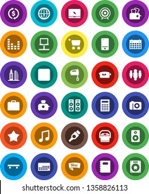 White Solid Icon Set- mixer vector, copybook, calculator, music, exchange, case, man, skateboard, target, calendar, equalizer, video camera, internet, mobile phone, notebook pc, speaker, stop button