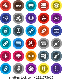 White Solid Icon Set- molecule vector, satellite, satellitie, link, rca, jack, connect, connection, network, server, disconnection, big data, browser, hub, usb modem, cloud download, chain, document
