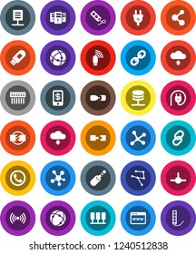 White Solid Icon Set- molecule vector, social media, link, jack, connect, connection, network, server, browser, hub, usb modem, cloud upload, download, document, disconnection, wireless, phone