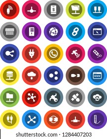 White Solid Icon Set- molecule vector, satellite, satellitie, social media, rca, connect, connection, network, server, folder, cloud exchange, browser, hub, usb modem, share, upload, chain, phone