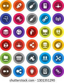 White Solid Icon Set- molecule vector, satellite, satellitie, link, rca, jack, connect, connection, network, server, disconnection, folder, big data, hub, usb modem, share, wireless, tap pay