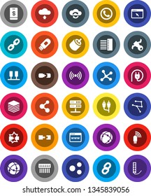 White Solid Icon Set- molecule vector, satellite, rca, connection, network, server, disconnection, cloud exchange, big data, browser, hub, usb modem, share, upload, chain, wireless, phone, tap pay