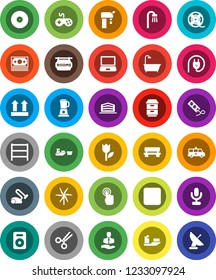 White Solid Icon Set- money vector, client, ship, port, top sign, tulip, shelving, film spool, disk, gamepad, microphone, touchscreen, speaker, rec button, scissors, amkbulance car, bench, windmill