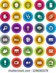 White Solid Icon Set- money vector, calendar, camera, video, internet, group, magnifier, syringe, stethoscope, pills bottle, hospital bed, connection, cloud exchange, big data, favorites, attachment