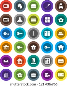 White Solid Icon Set- mop vector, sponge, car fetlock, window cleaning, welcome mat, iron, shining, cleaner woman, microwave oven, university, warehouse, home, key, cottage, chalet, rooms signboard