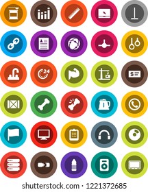 White Solid Icon Set- mop vector, water tap, kettle, ruler, clipboard, personal information, flag, pie graph, muscule hand, sports nutrition, bottle, bone, gymnast rings, wood box, equalizer, link