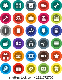 White Solid Icon Set- mop vector, trash bin, splotch, welcome mat, meat hammer, cookbook, jar, calculator, medal, exchange, case, arrow down, presentation board, stadium, boxing glove, bone, car