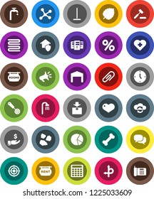 White Solid Icon Set- mop vector, garbage pile, towel, skimmer, leaf, pie graph, investment, calculator, clock, target, heart cross, bone, route, package, dialog, network, cloud exchange, server