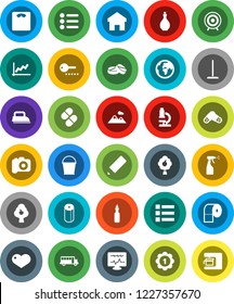 White Solid Icon Set- mop vector, bucket, sprayer, toilet paper, oil, pencil, microscope, school bus, graph, scales, target, medal, earth, camera, heart, pills, diagnostic monitor, home, fruit tree