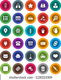White Solid Icon Set- mop vector, clothespin, trash bin, apron, jug, money search, boxing glove, target, calendar, map pin, traffic light, phone, client, weight, satellitie, gamepad, heart, chain
