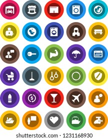 White Solid Icon Set- mop vector, cleaner woman, kettle, toaster, blackboard, exchange, muscule hand, shorts, water bottle, hoop, gymnast rings, plane, ship, calendar, glass, umbrella, speaking man