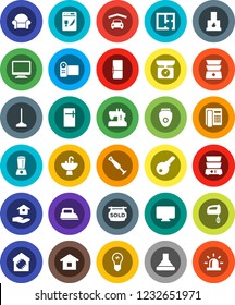 White Solid Icon Set- mop vector, house hold, sink, double boiler, garage, plan, sold signboard, cushioned furniture, fridge, smart home, password, iron, dishwasher, mixer, hood, blender, monitor