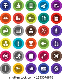 White Solid Icon Set- mop vector, clothespin, shower, cleaner woman, cutting board, scissors, manager, jump rope, muscule hand, water bottle, no fastfood, run, plane, calendar, glass, eye, cottage