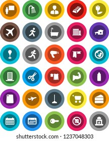 White Solid Icon Set- mop vector, bath, drying clothes, shower, cutting board, cake, blackboard, scissors, gold ingot, manager, calendar, punching bag, muscule hand, water bottle, no fastfood, run