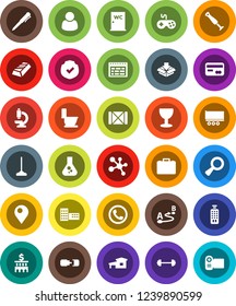 White Solid Icon Set- mop vector, toilet, water closet, school building, pen, schedule, flask, gold ingot, case, bank, barbell, molecule, truck trailer, wood box, glass, protected, route, gamepad