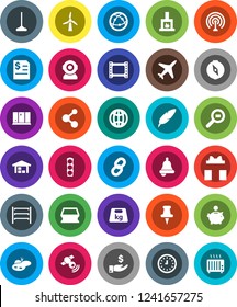 White Solid Icon Set- mop vector, sponge, shining window, pen, bell, compass, piggy bank, investment, annual report, clock, molecule, plane, traffic light, weight, cargo search, shelving, film frame