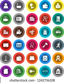 White Solid Icon Set- mop vector, bath, shower, cleaner woman, kettle, meat hammer, cutting board, grater, toaster, school bus, wallet, jump rope, shorts, skateboard, run, calendar, tulip, user, key